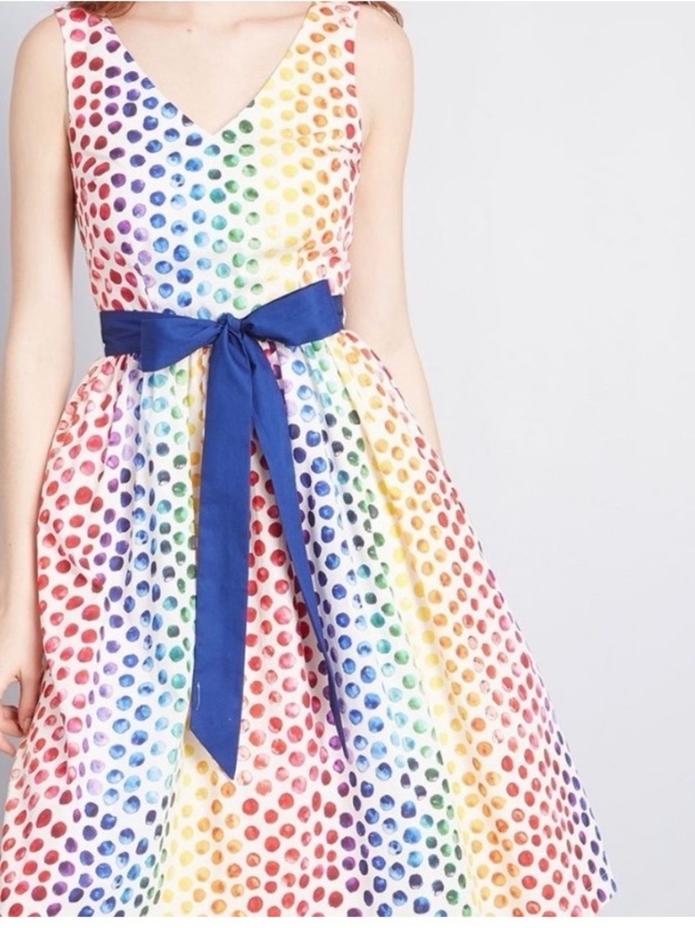 Modcloth Multicolor Polka Dot Midi Dress with Blue Sash